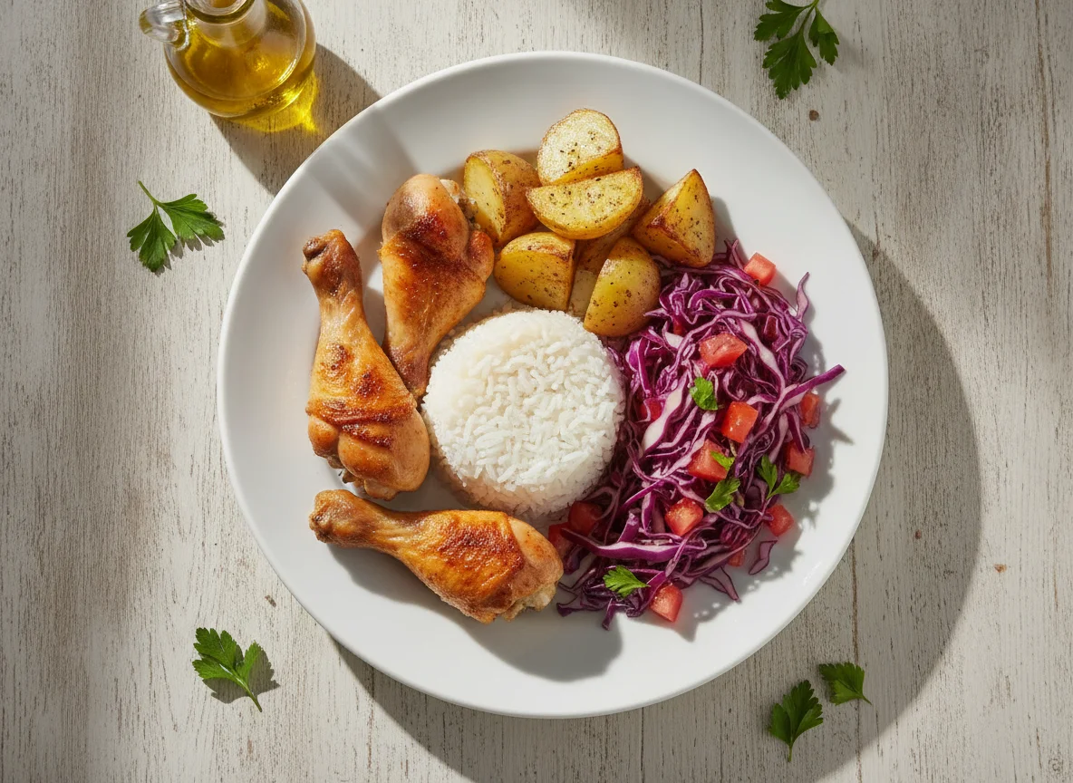 Frango assado com arroz, batata e salada de repolho roxo photo