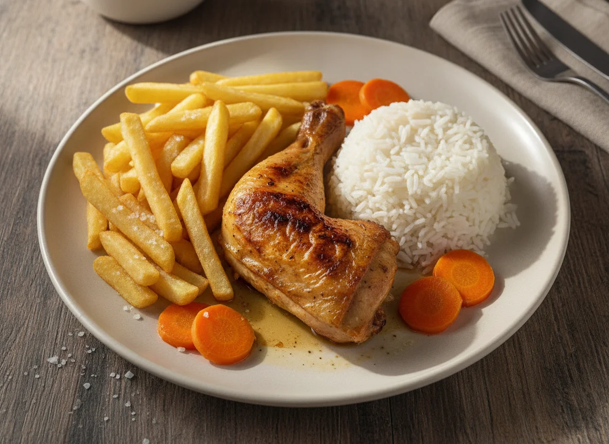 Frango assado com arroz, batata frita e cenoura photo