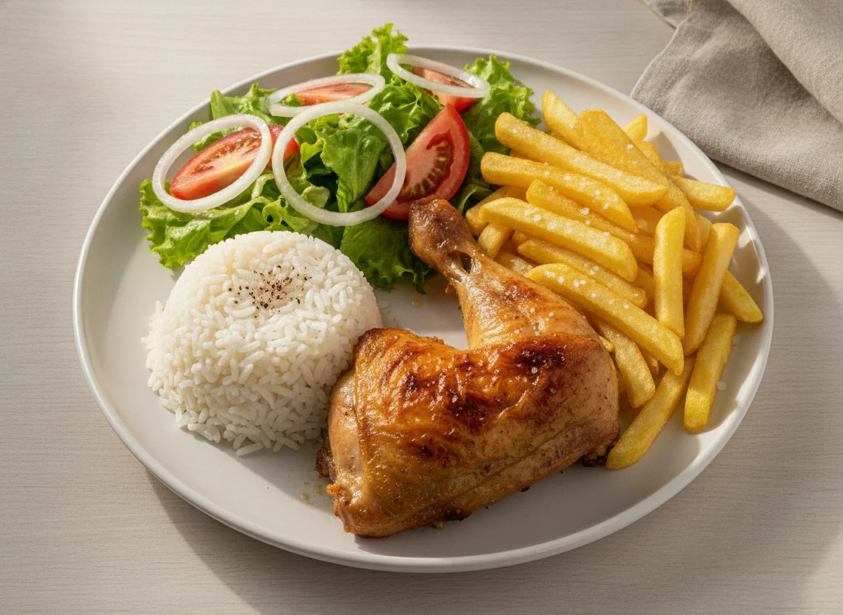 Frango assado com arroz, batata frita e salada photo