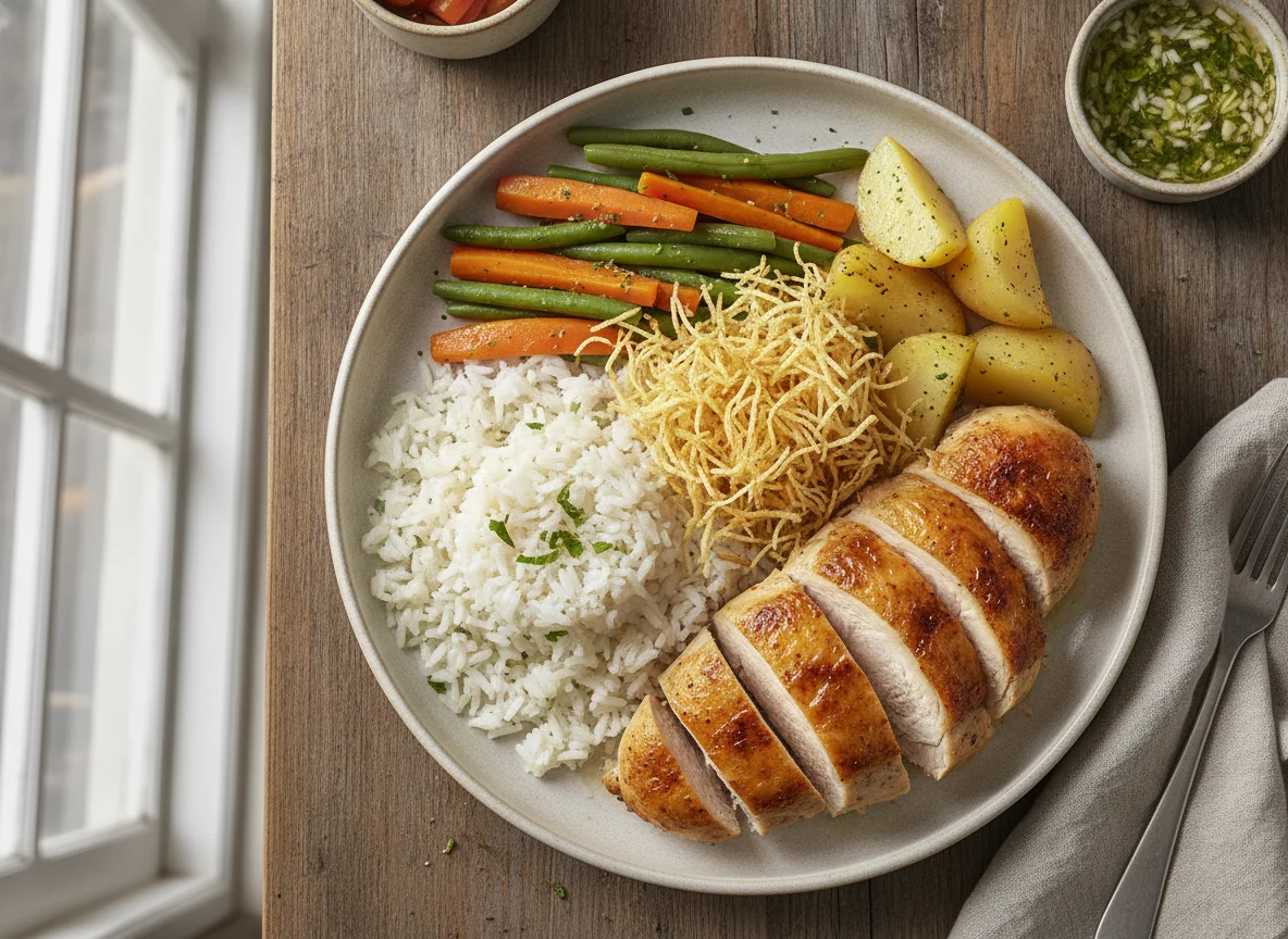 Frango assado com arroz, batata palha e legumes photo