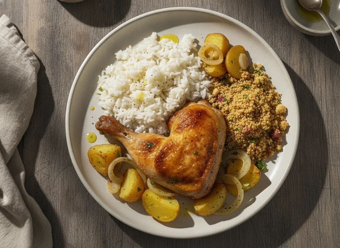 Frango assado com arroz, batatas e farofa photo