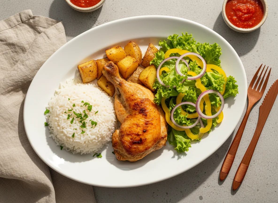 Frango assado com arroz, batatas e salada photo