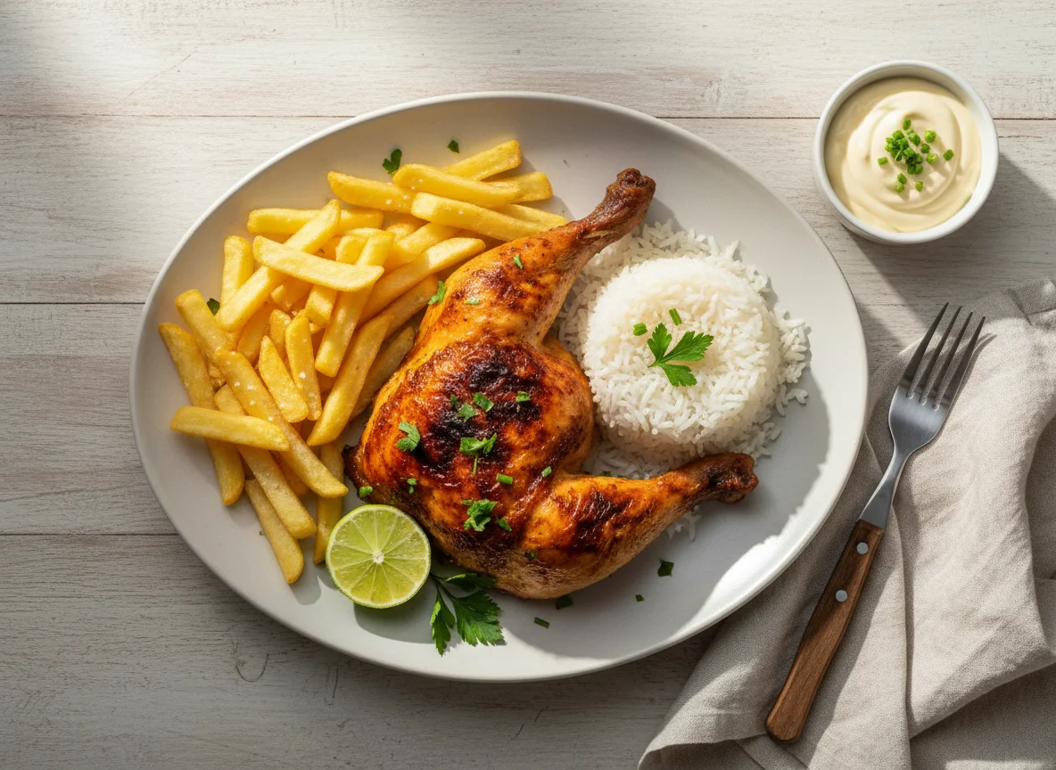 Frango assado com arroz, batatas fritas e maionese photo