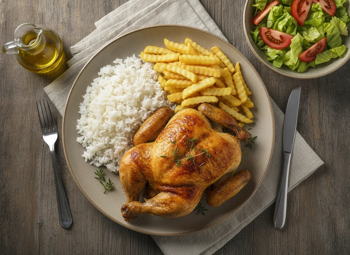 Frango assado com arroz, batatas fritas e salada photo