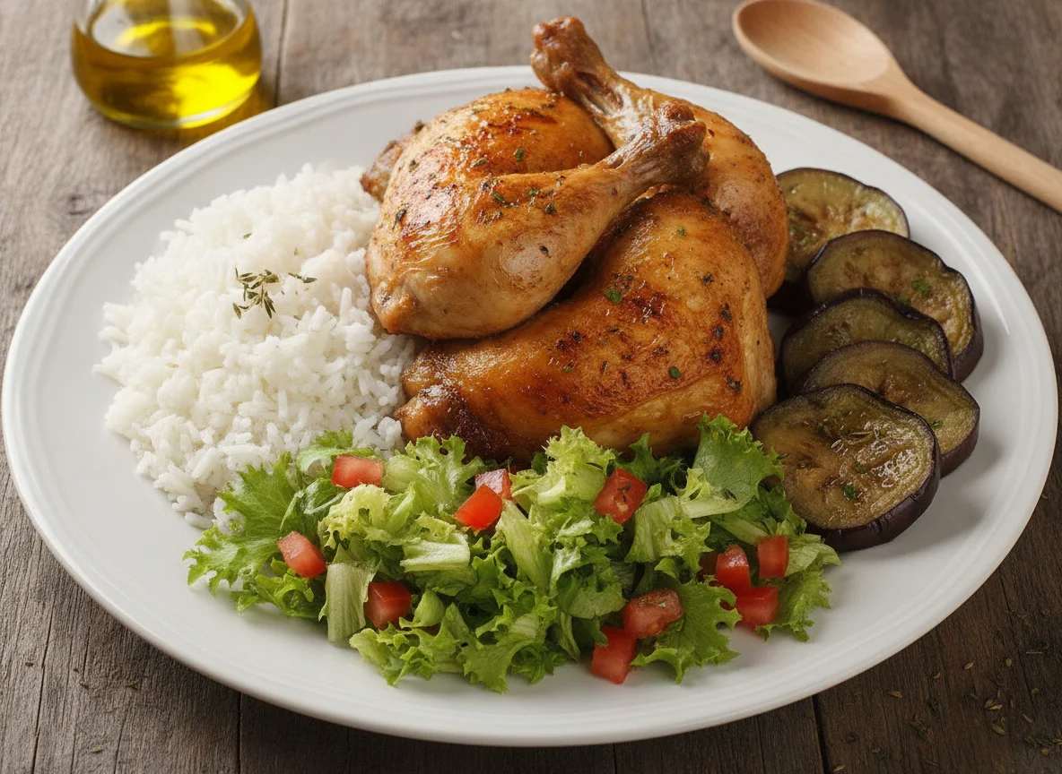 Frango assado com arroz, berinjela e salada photo