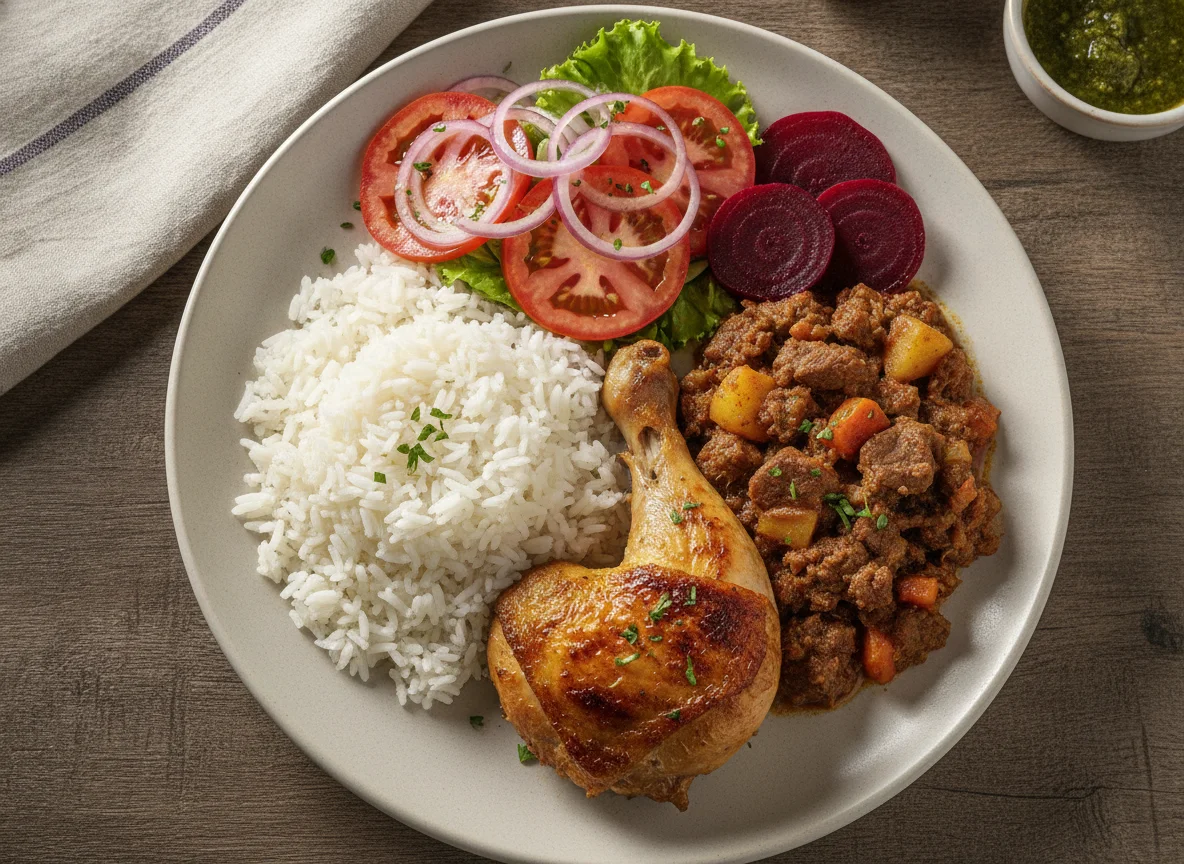 Frango assado com arroz, carne cozida e salada photo