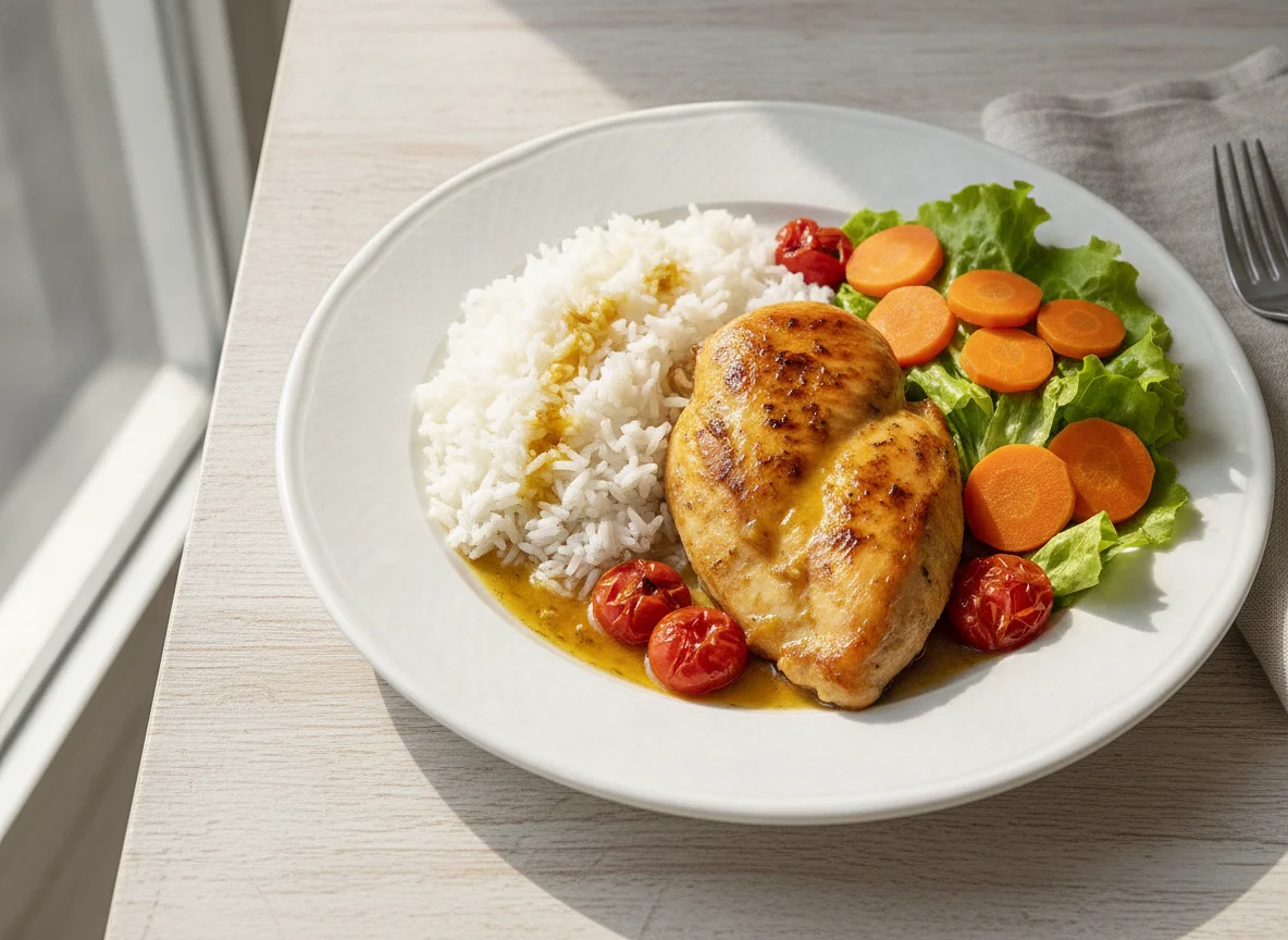 Frango assado com arroz, cenoura e alface photo