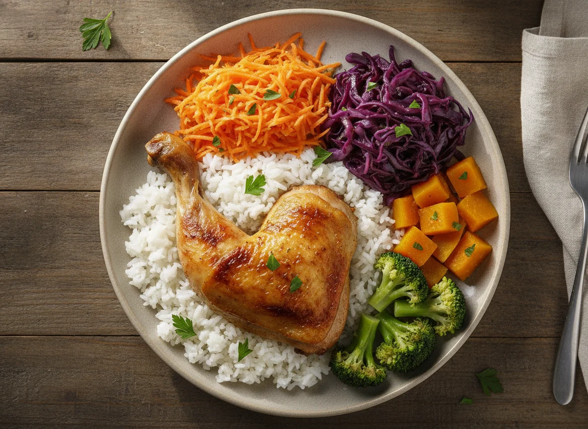 Frango assado com arroz, cenoura e vegetais mistos photo