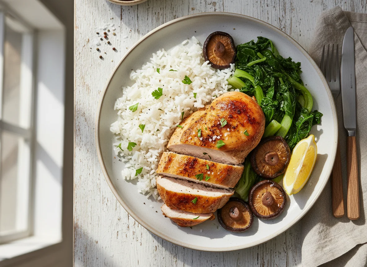 Frango assado com arroz, cogumelo e vegetais photo