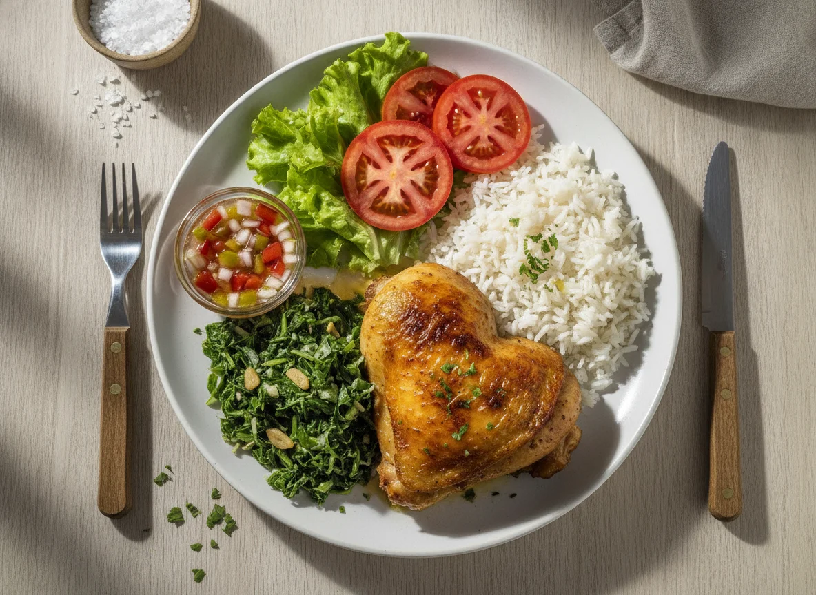Frango assado com arroz, couve e salada photo