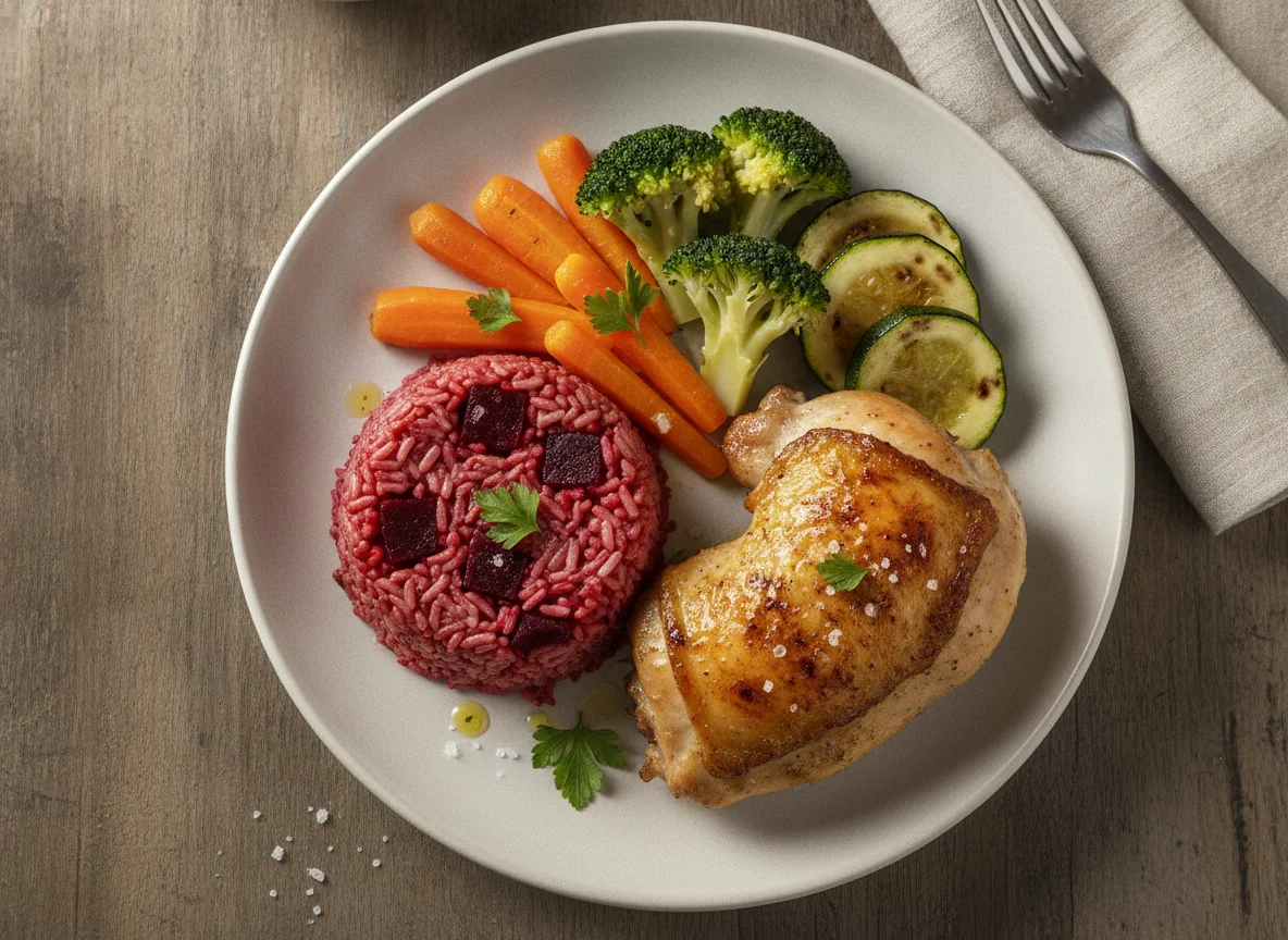 Frango assado com arroz de beterraba e legumes photo