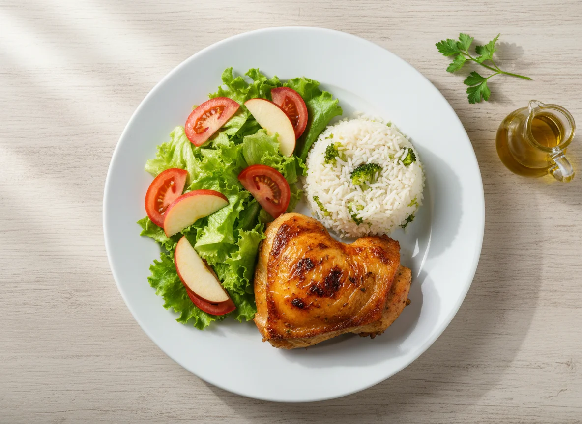 Frango assado com arroz de brócolis e salada photo