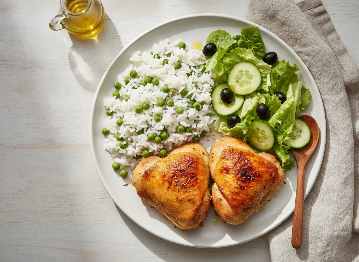 Frango assado com arroz de ervilhas e salada mista photo