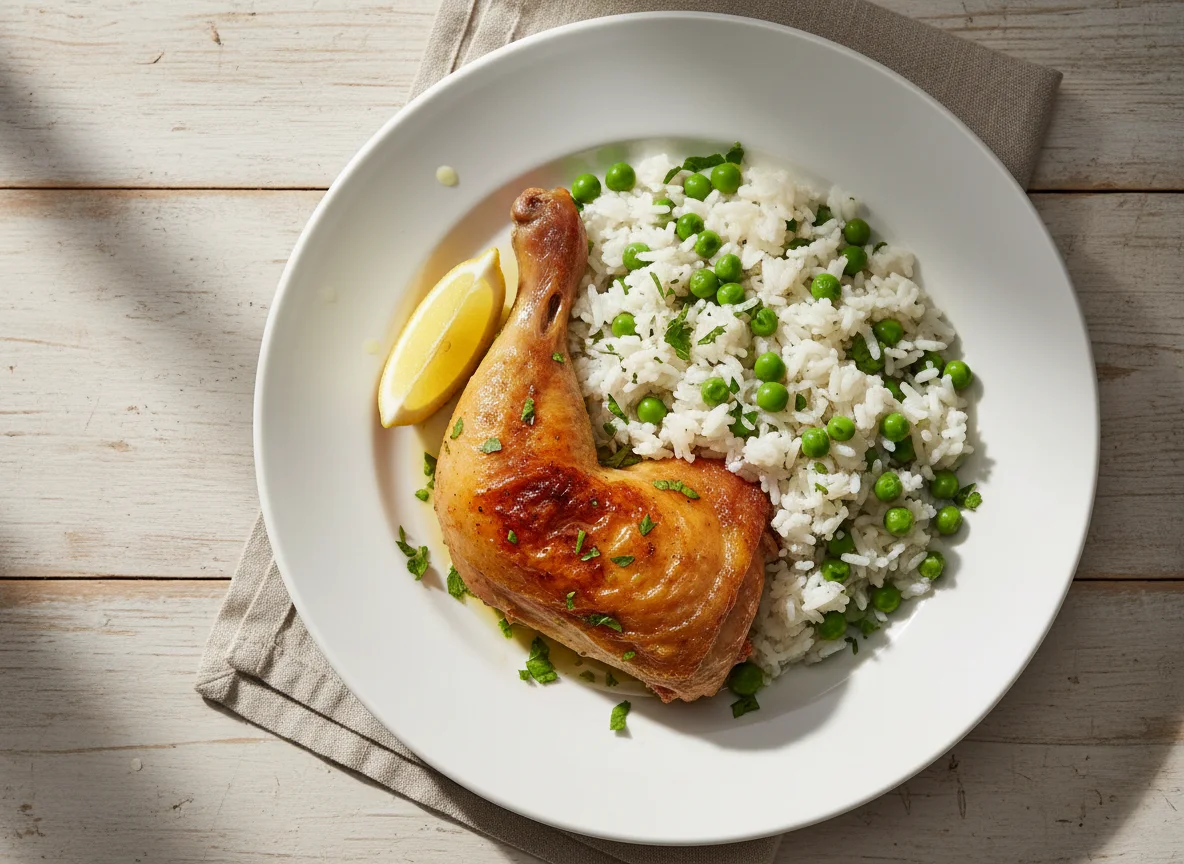 Frango assado com arroz de ervilhas photo