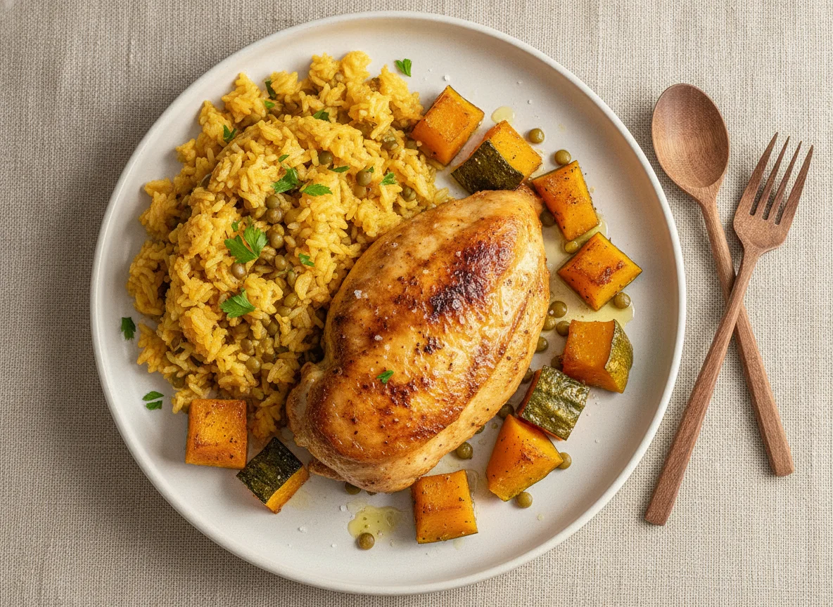 Frango assado com arroz de lentilha e abóbora photo