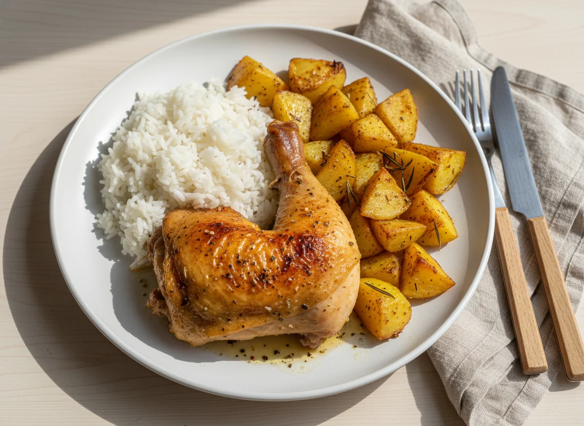 Frango assado com arroz e batatas photo