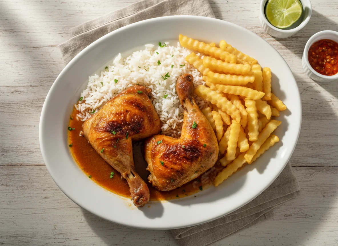 Frango assado com arroz e batatas fritas photo