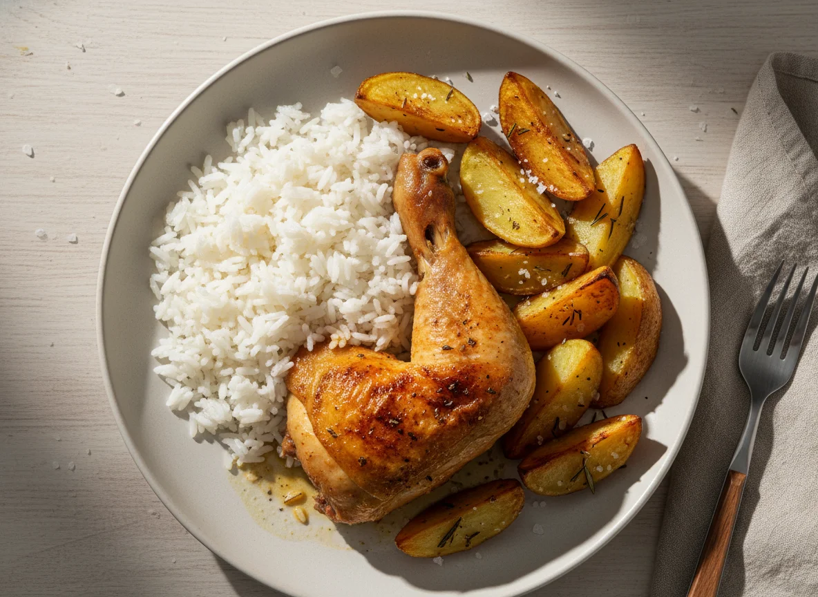 Frango assado com arroz e batatas rústicas photo
