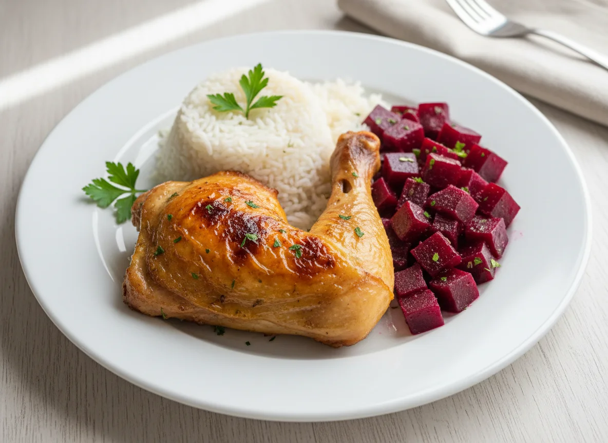 Frango assado com arroz e beterraba photo