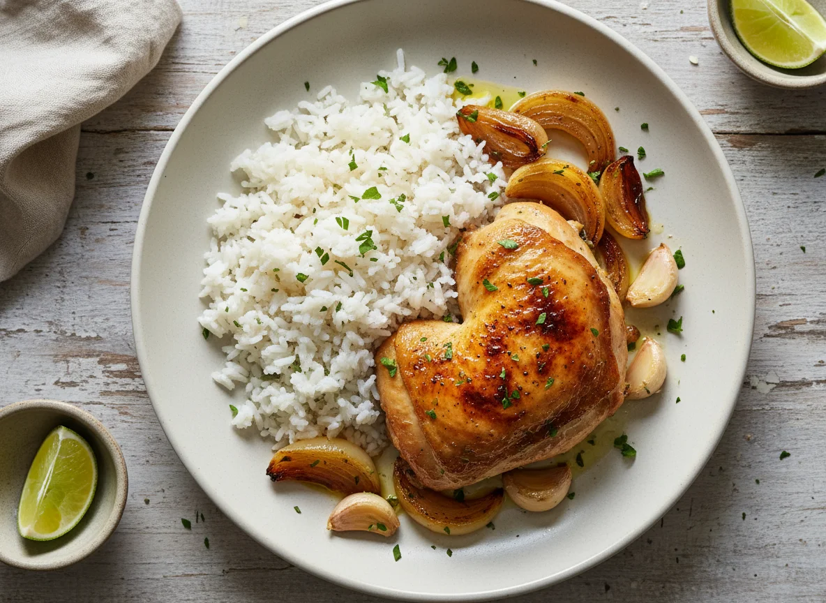 Frango assado com arroz e cebola photo