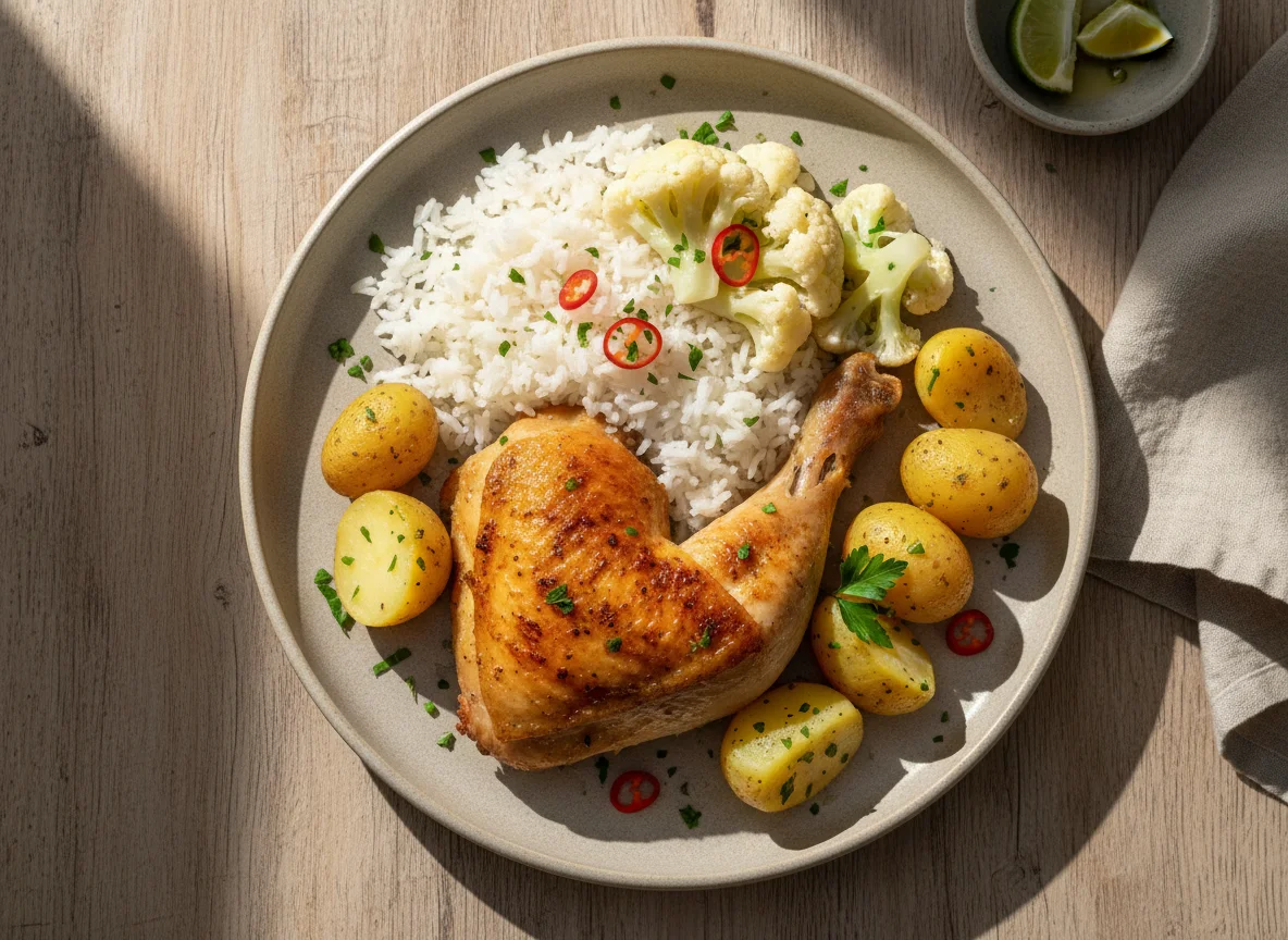 Frango assado com arroz e couve-flor photo