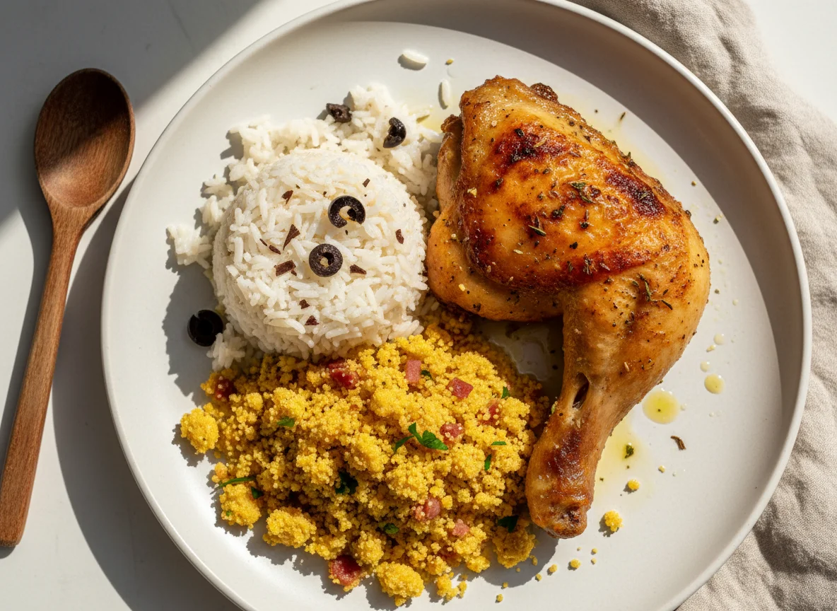 Frango assado com arroz e farofa photo