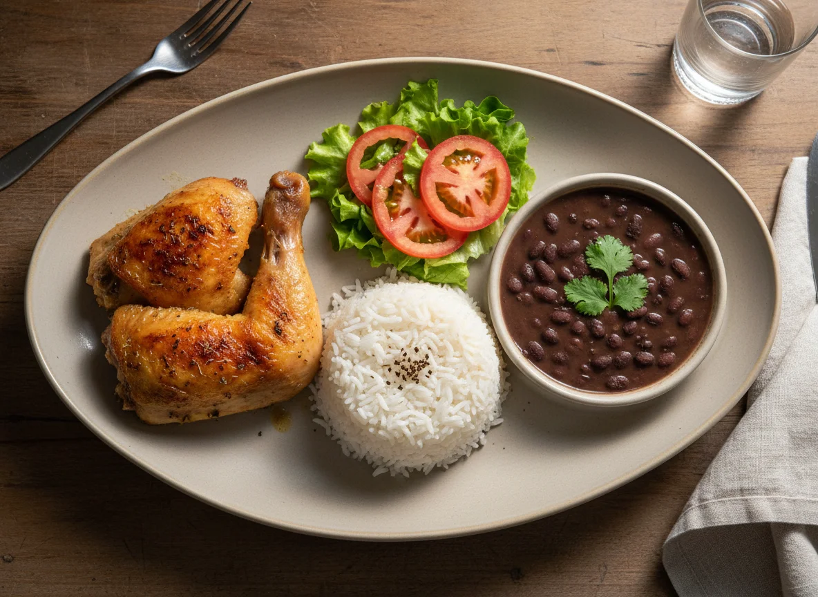 Frango assado com arroz e feijão photo