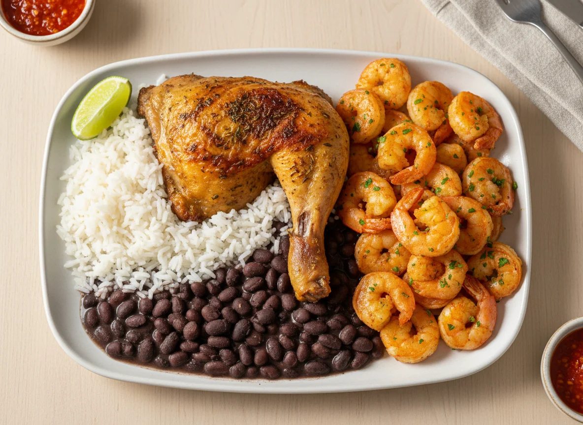 Frango assado com arroz e feijão e camarão photo