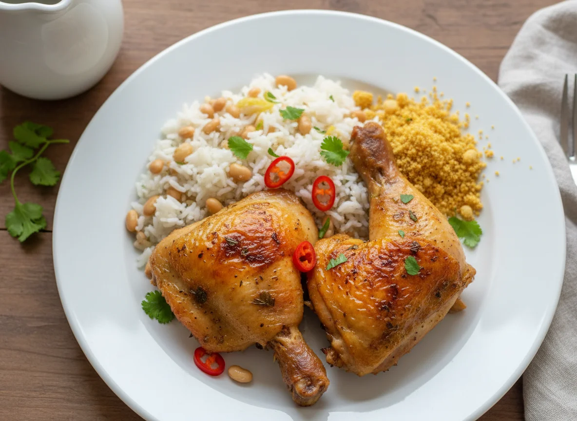 Frango assado com arroz e feijão fradinho photo