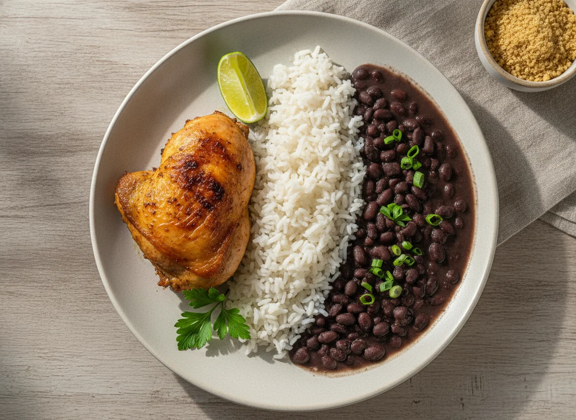 Frango assado com arroz e feijão preto photo