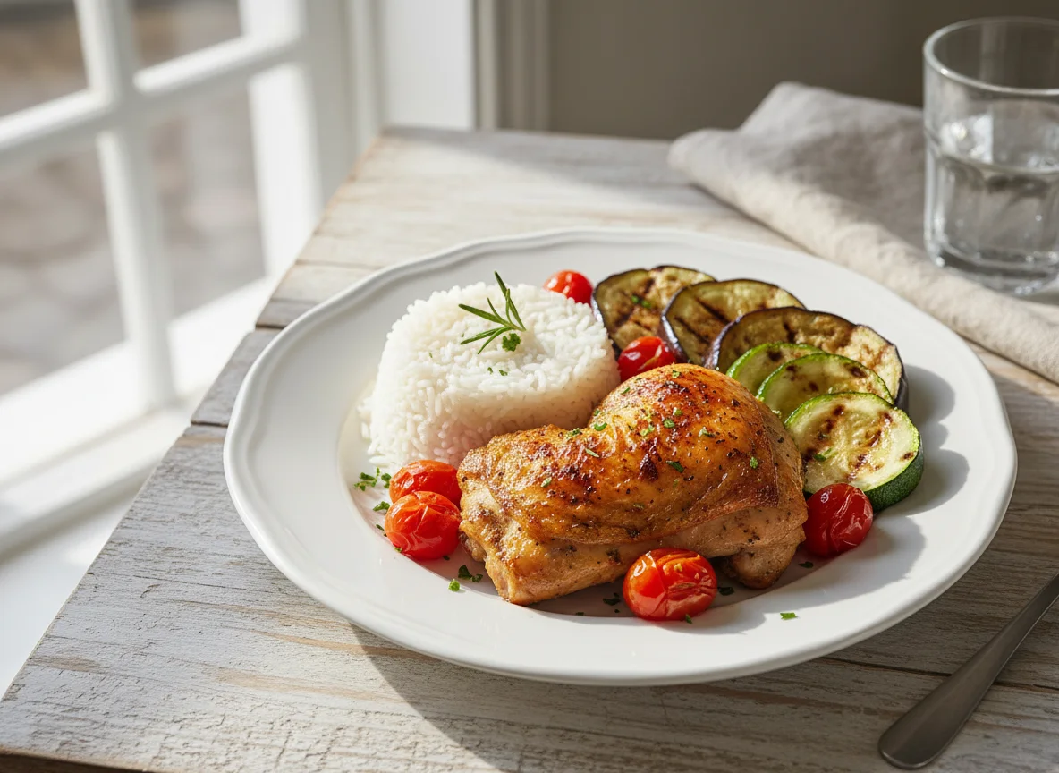 Frango assado com arroz e legumes photo