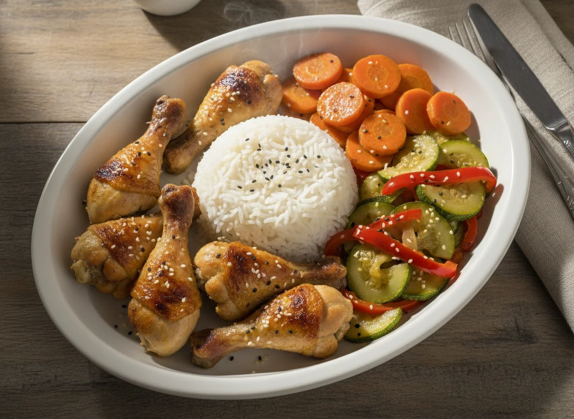 Frango assado com arroz e legumes refogados photo