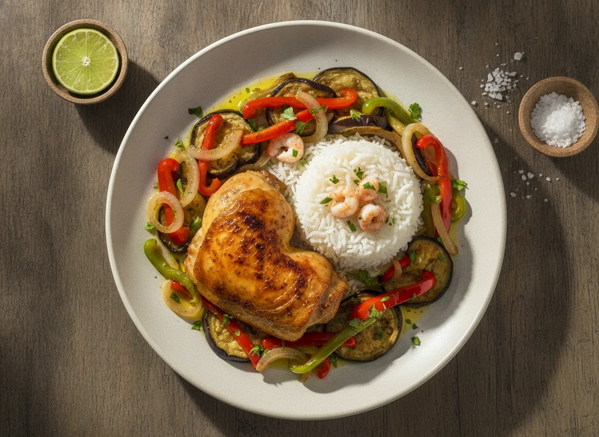 Frango assado com arroz e legumes salteados photo