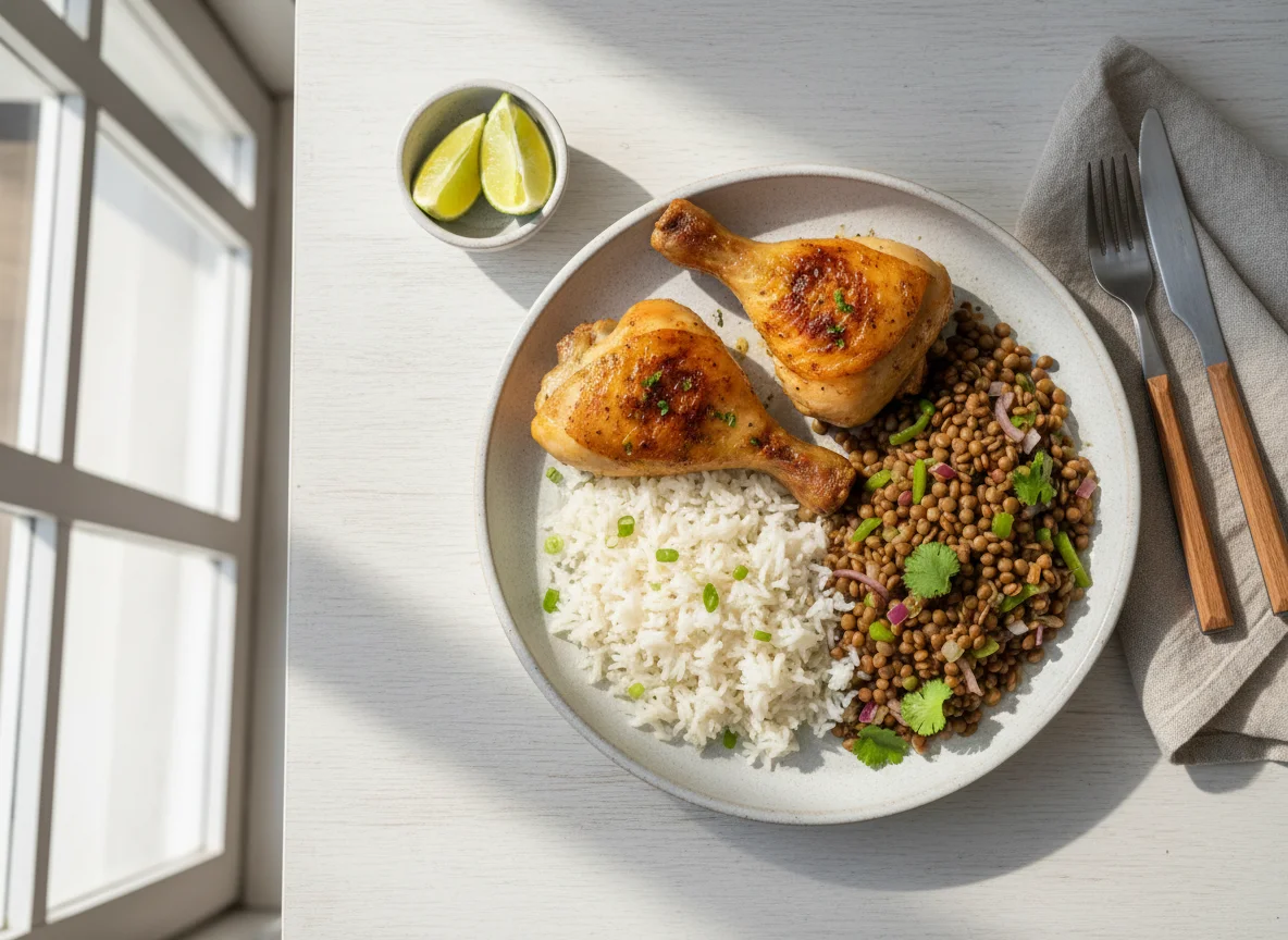 Frango assado com arroz e lentilha photo