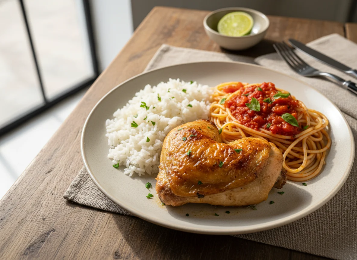 Frango assado com arroz e macarrão photo