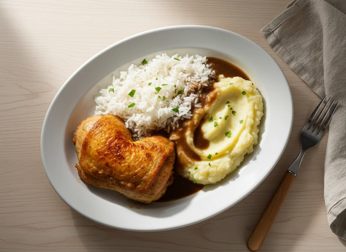 Frango assado com arroz e purê de batata photo
