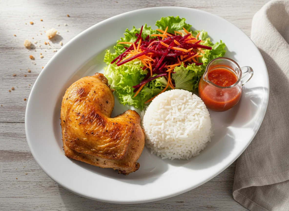 Frango assado com arroz e salada photo