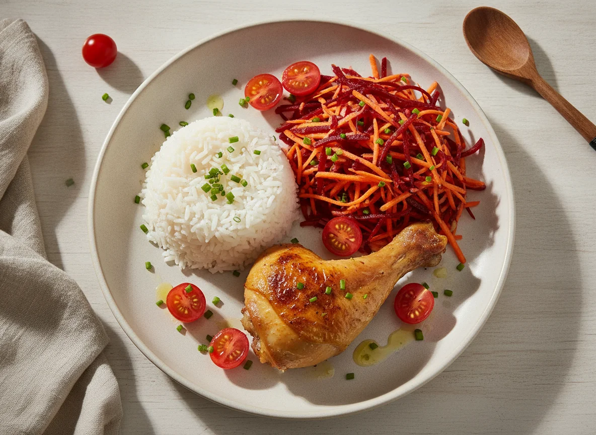 Frango assado com arroz e salada de beterraba e cenoura photo