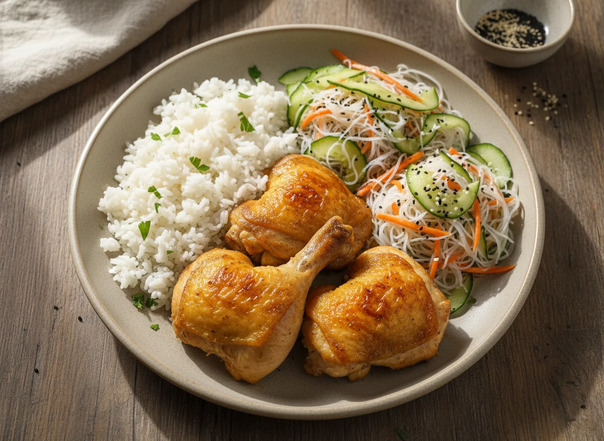Frango assado com arroz e salada de bifum photo