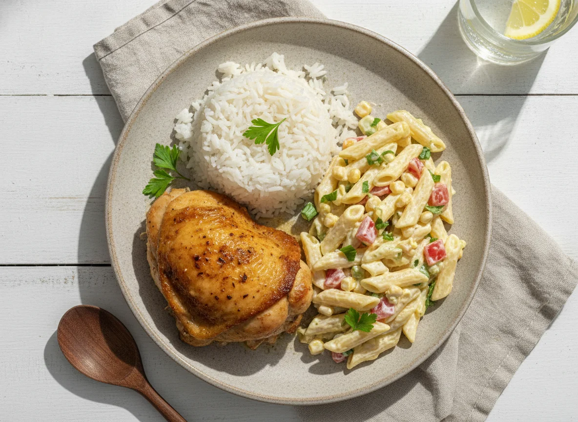 Frango assado com arroz e salada de macarrão photo