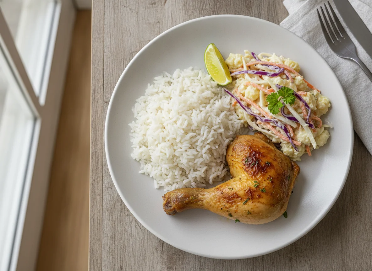 Frango assado com arroz e salada de maionese photo