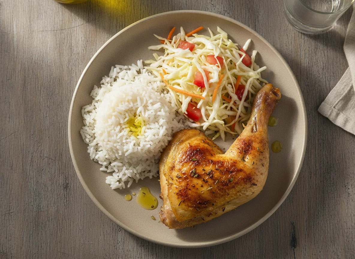 Frango assado com arroz e salada de repolho photo
