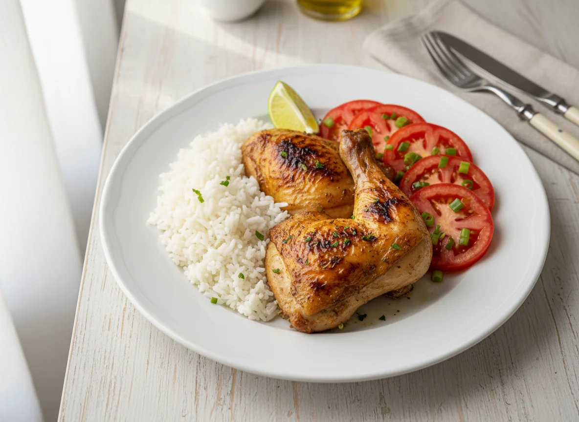 Frango assado com arroz e salada de tomate photo
