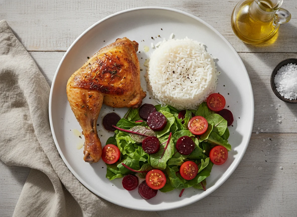 Frango assado com arroz e salada mista photo