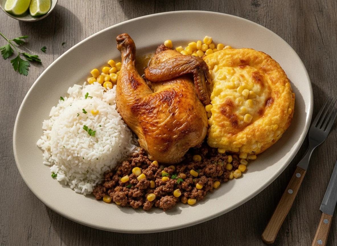 Frango assado com arroz e suflê de milho photo