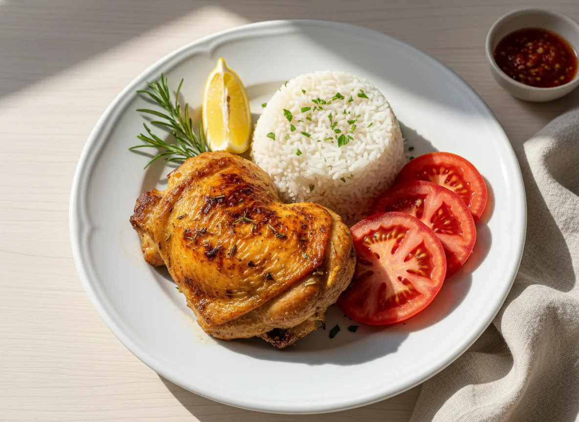 Frango assado com arroz e tomate photo