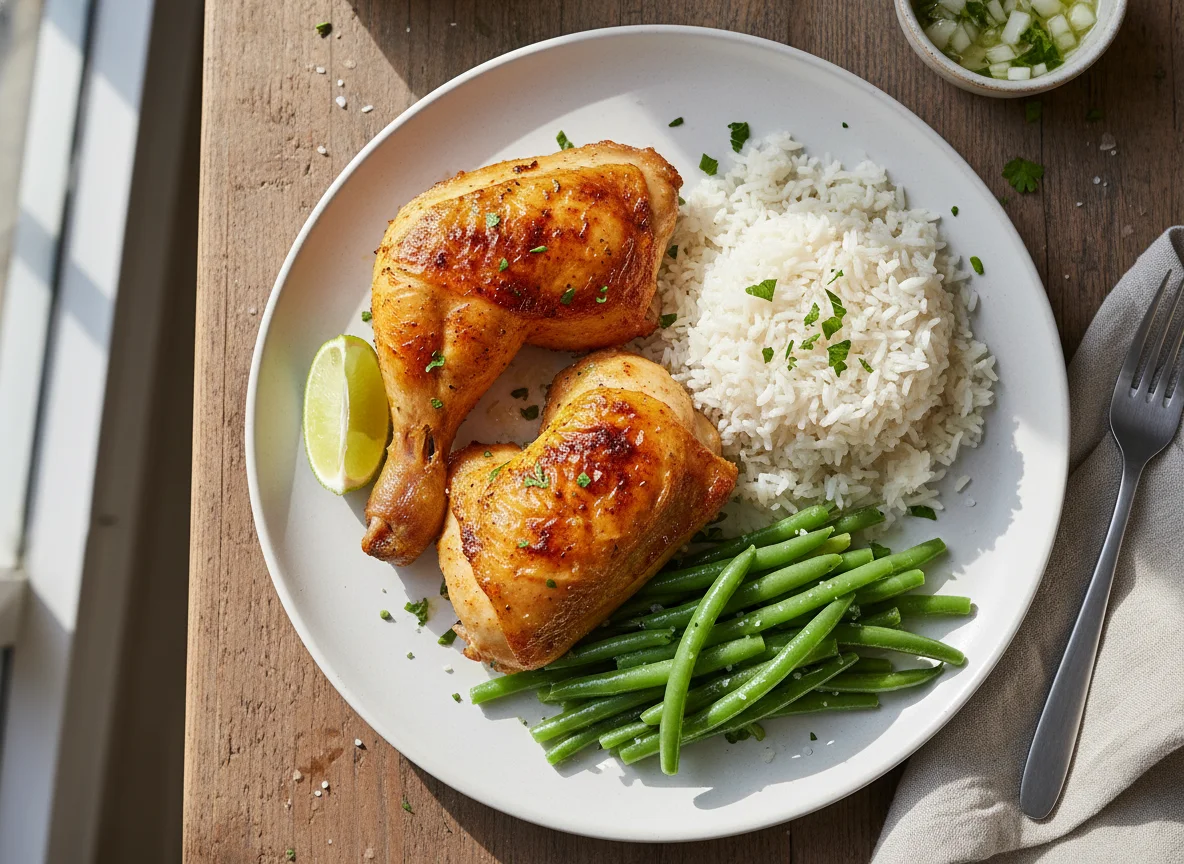 Frango assado com arroz e vagem photo