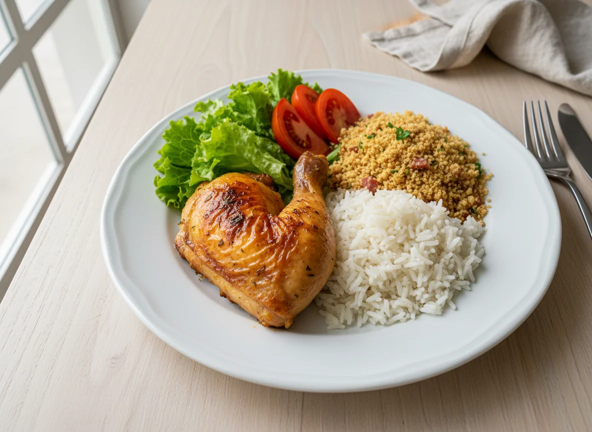 Frango assado com arroz, farofa e salada photo