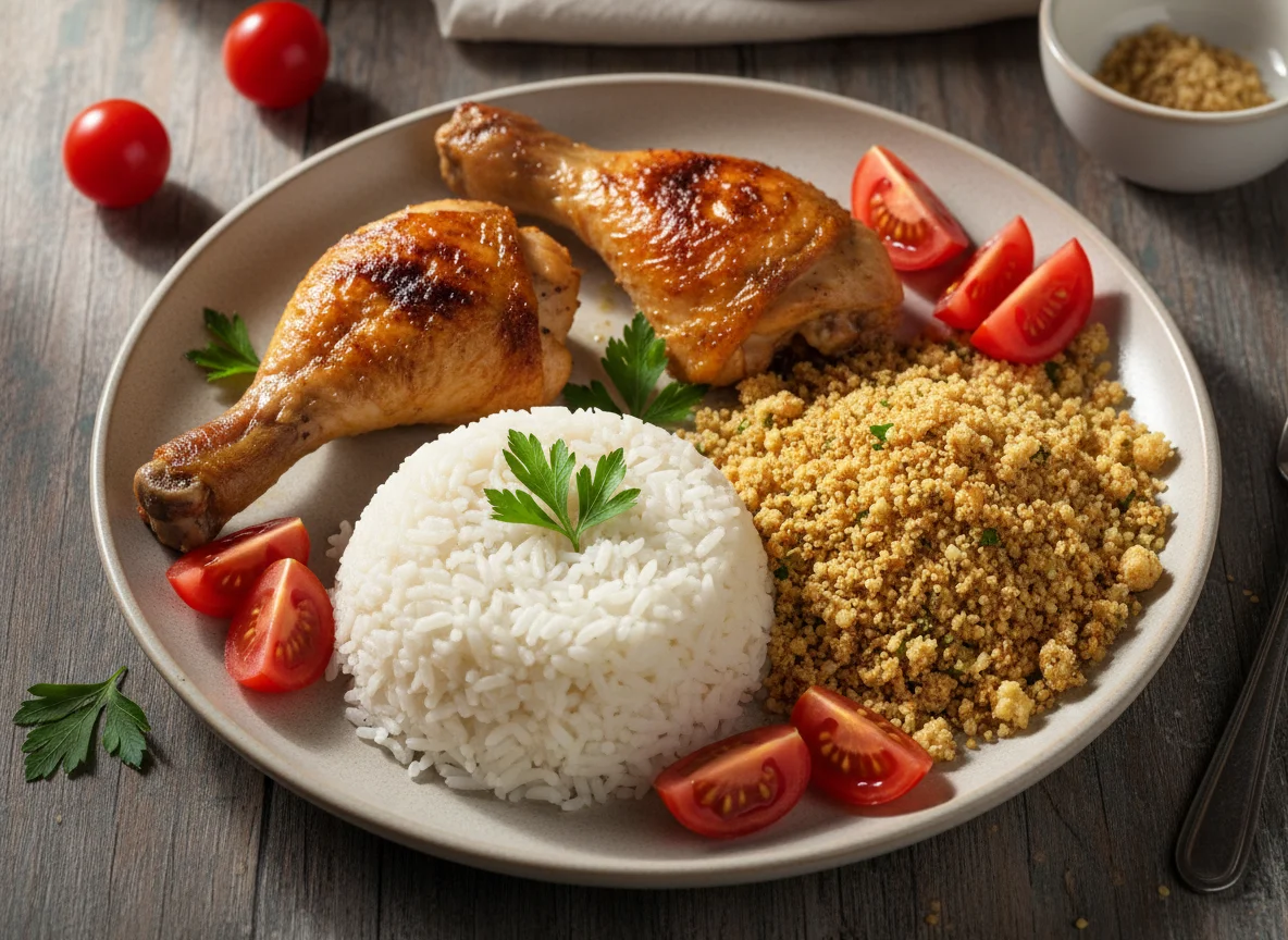 Frango assado com arroz, farofa e tomate photo