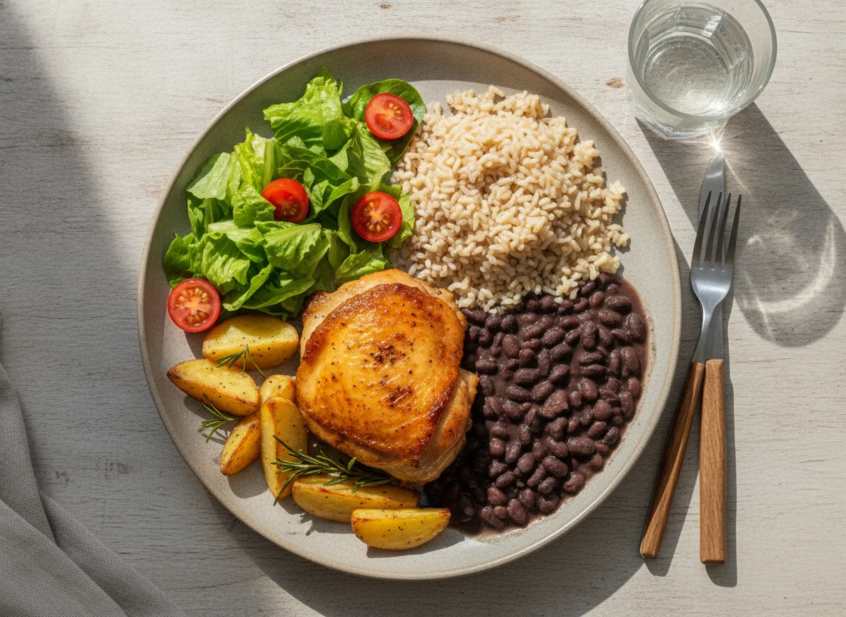 Frango assado com arroz, feijão, batata e salada photo
